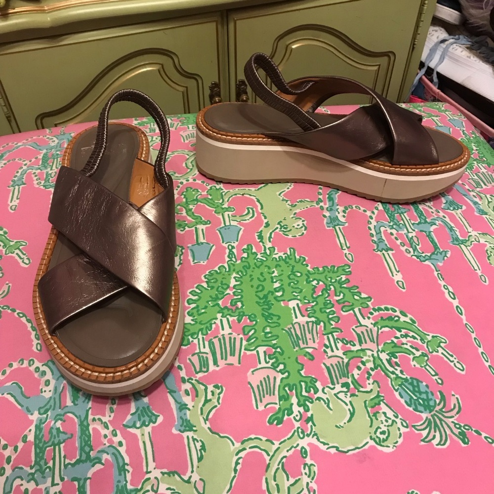 Clergerie Freedom metallic Slingback Wedge Platform Sandals France FR 39 US 8.5